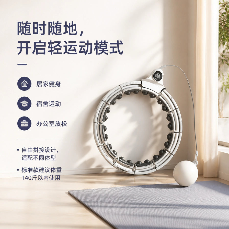 智能呼啦圈放置在居家健身场景的瑜伽垫上，配有中文文字说明其适合居家、宿舍及办公室使用，并标注140斤以内适用。