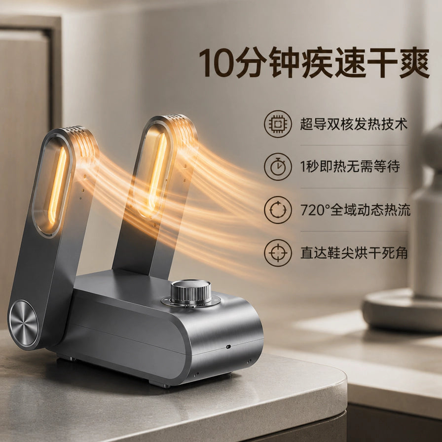 智能疾速烘鞋器在室内台面展示，出风口发出暖色光效模拟热流，右侧配有10分钟疾速干爽等功能说明文字。