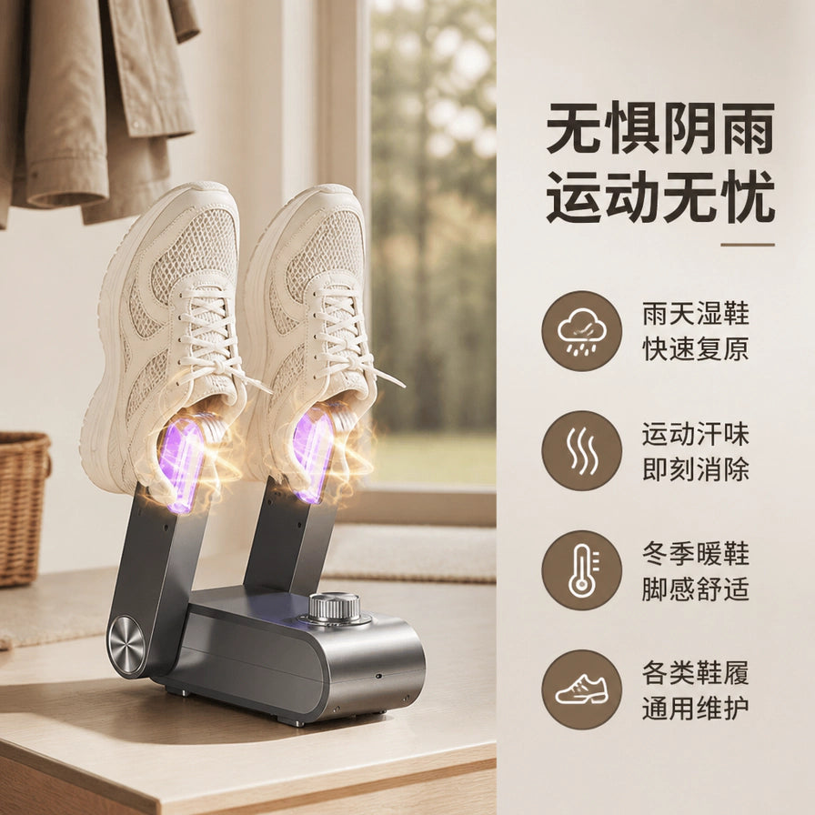 智能疾速烘鞋器正在烘干一双白色运动鞋，展示多场景适用性，右侧配有无惧阴雨运动无忧等应用场景文字。