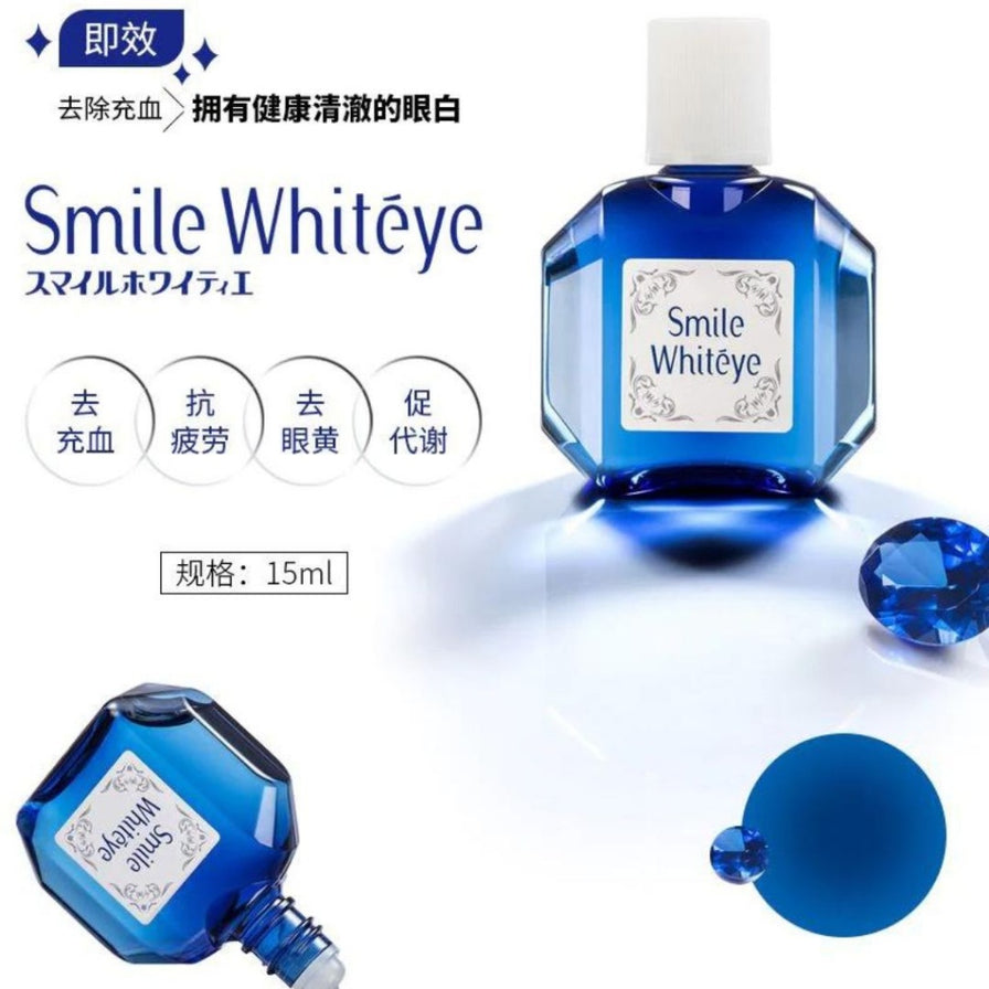 蓝色眼药水瓶与包装盒宣传图，画面含“即效”“去除充血”“拥有效健康清澈的眼白”“规格：15ml”等文字