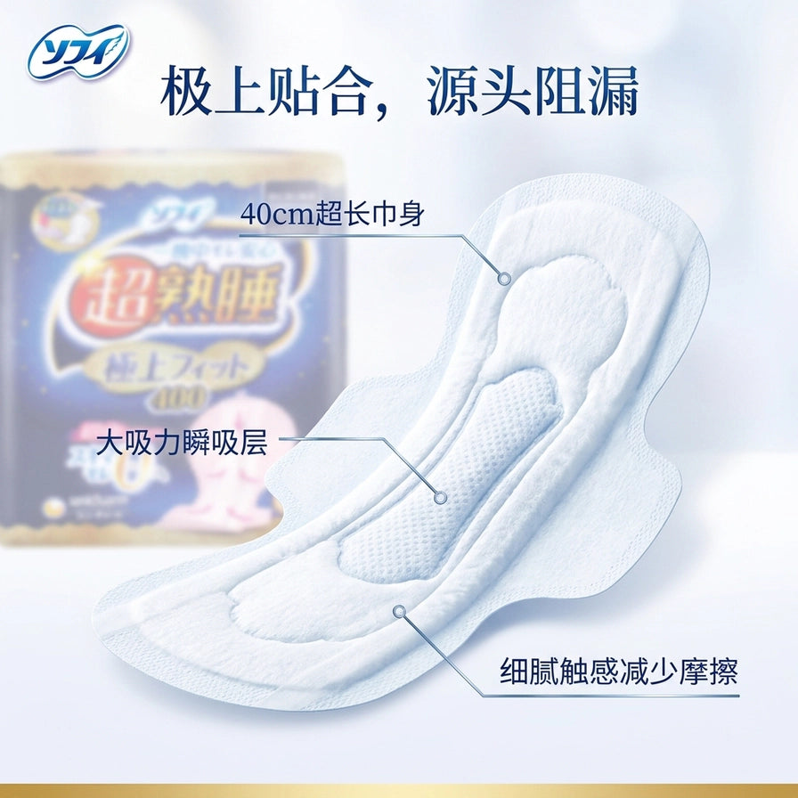 苏菲卫生棉产品细节展示图，标注 40cm 超长巾身、大吸力瞬吸层和细腻触感减少摩擦等核心功能。