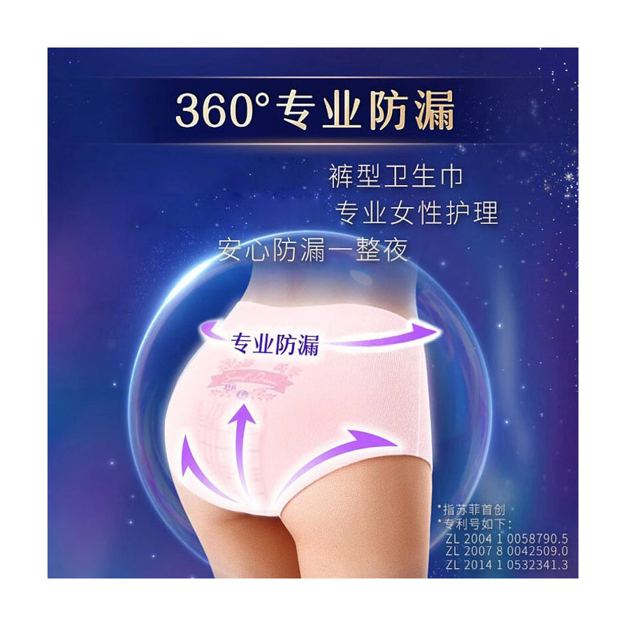 苏菲安心裤穿着示意图，展示360度专业防漏设计，带有中文卖点说明及专利号。