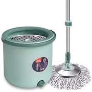 免手洗旋转拖把套装电商说明图，展示自动脱水结构与不锈钢伸缩杆细节