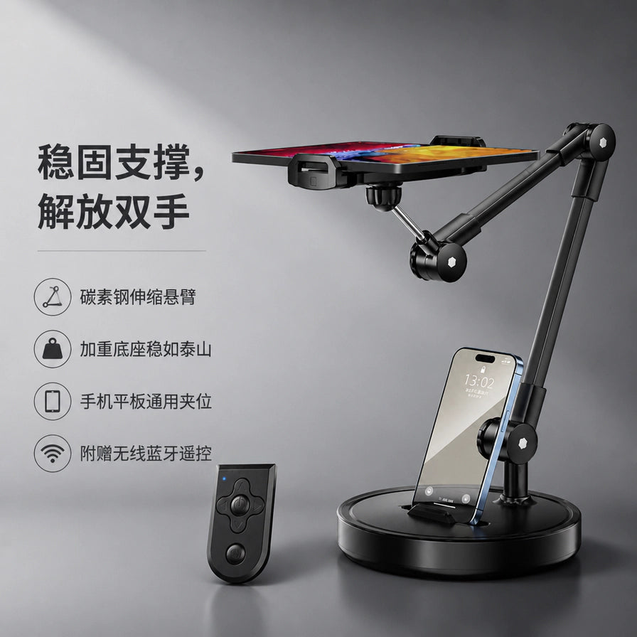 黑色桌面支架细节图，展示稳固支撑、解放双手的主题，以及碳素钢伸缩悬臂和加重底座等特点。