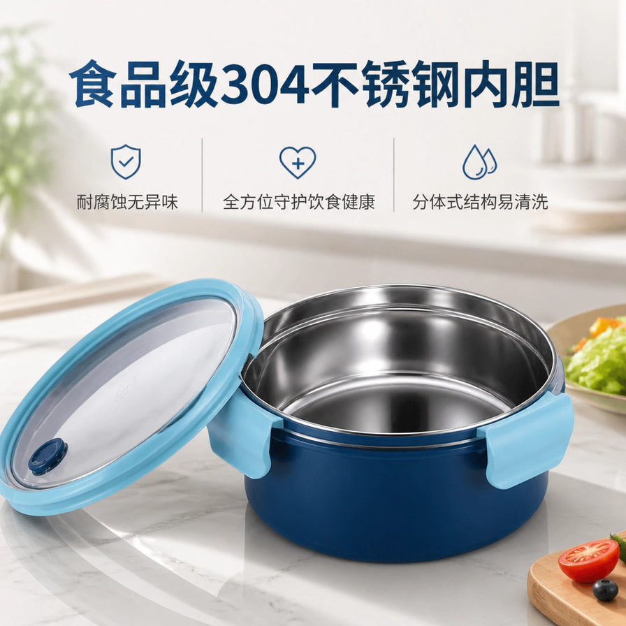 打开盖子的蓝色不锈钢饭盒，展示内部食品级304不锈钢内胆，背景带有产品卖点文字。
