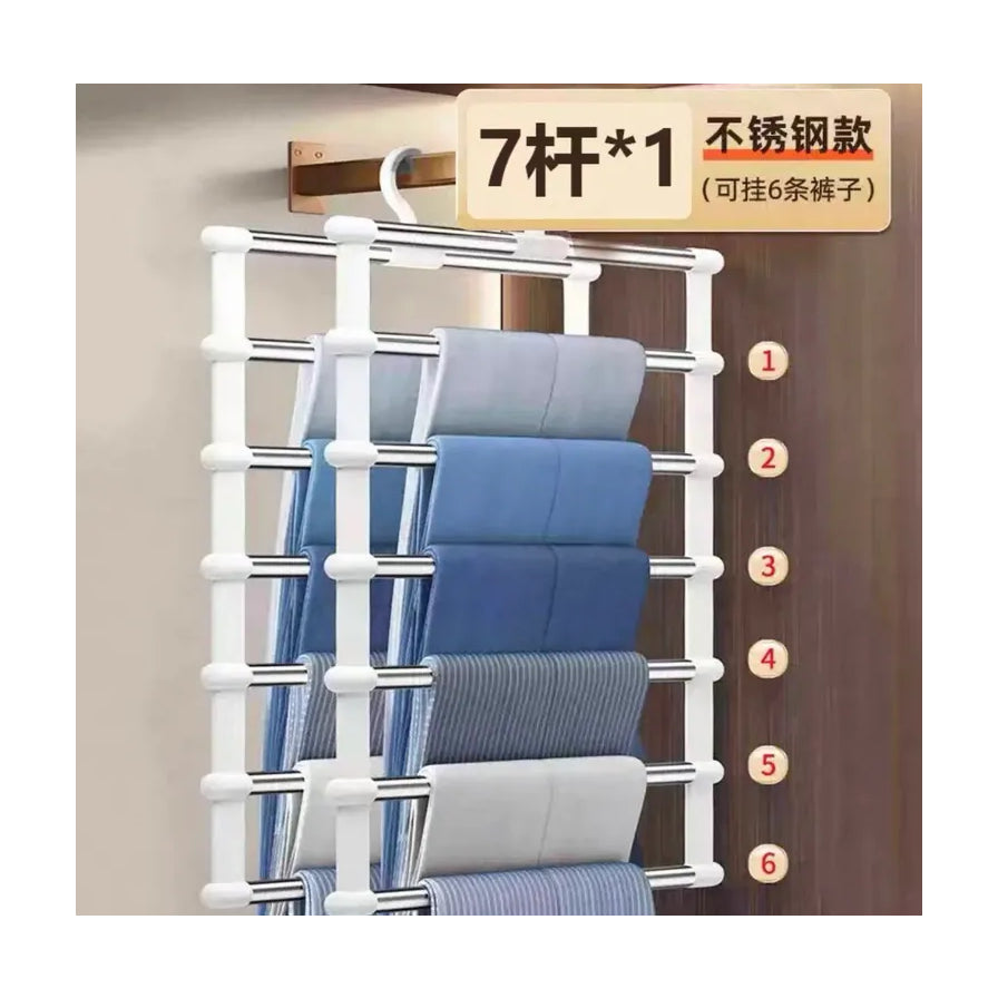 衣柜内展示的裤架细节图，右上角有中文标签“7杆*1 不锈钢款”，右侧标有数字序号指示六层挂位。