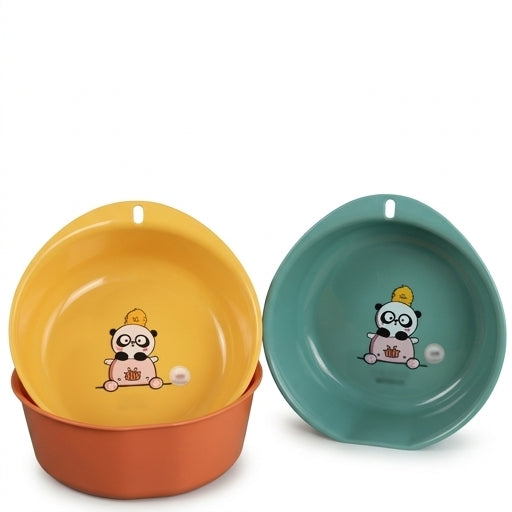 卡通立式脸盆侧立收纳示意图，展示节省空间的摆放方式