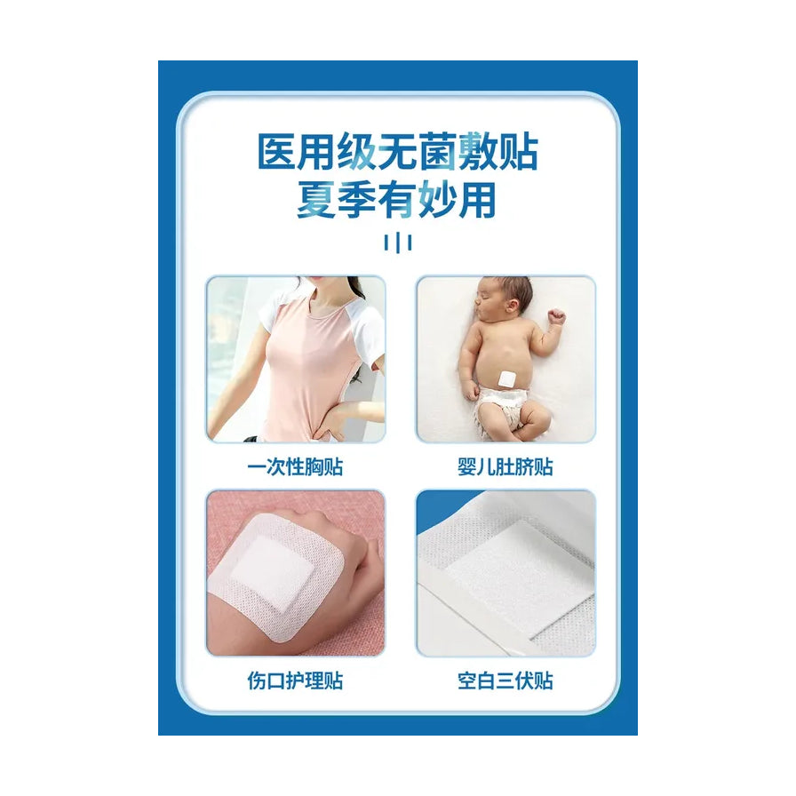 医用级无菌敷贴的使用场景展示，包括作为一次性胸贴、婴儿肚脐贴、伤口护理贴以及空白三伏贴的示意图。