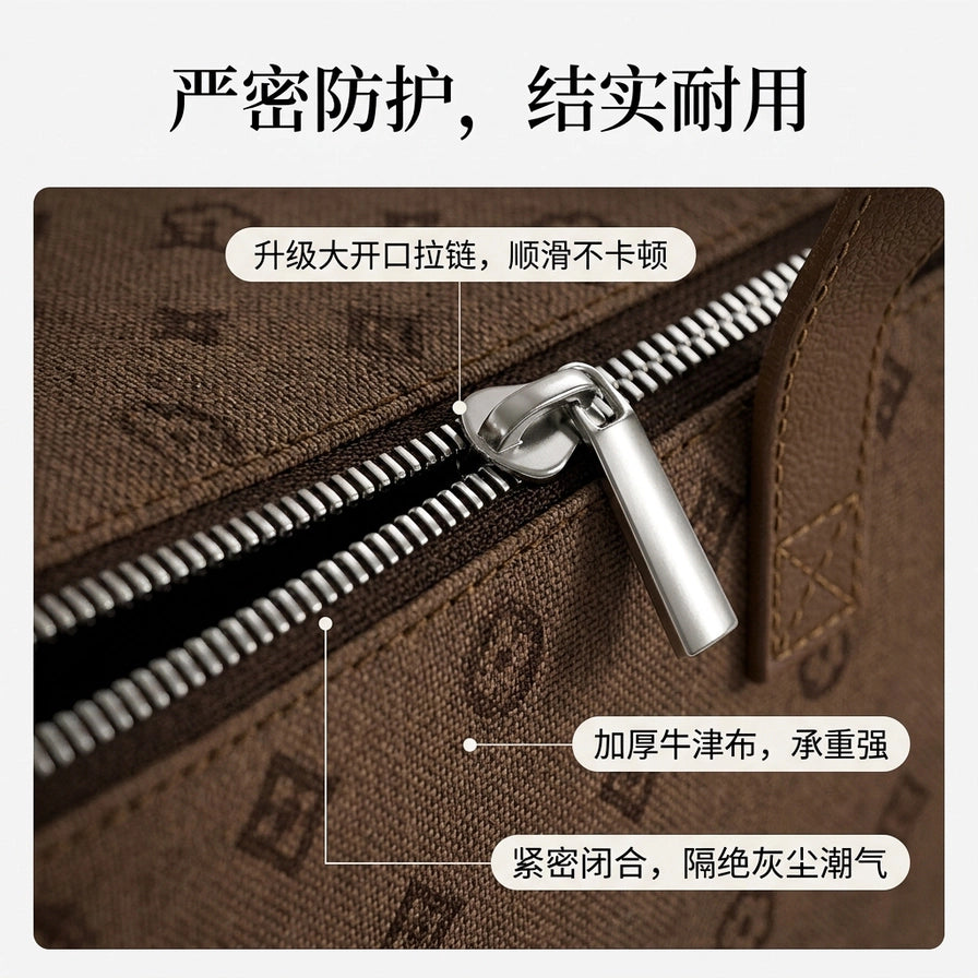 收纳袋拉链细节特写，展示银色金属拉头与加厚牛津布材质，图片包含中文卖点说明文字。