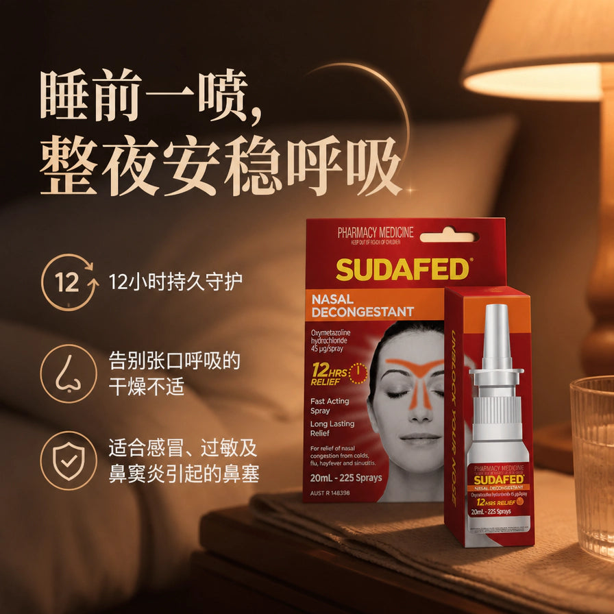 卧室场景中的 Sudafed 鼻塞缓解喷雾与包装，画面左侧有中文卖点文字，突出睡前使用和 12 小时持久守护。