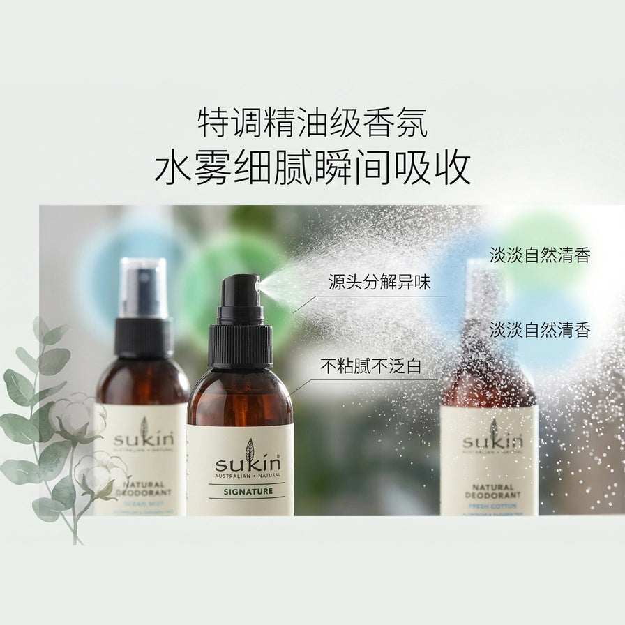Sukin 喷雾特写展示细腻水雾效果，背景虚化，图片上方和右侧标注“特调精油级香氛”、“源头分解异味”等中文卖点说明。