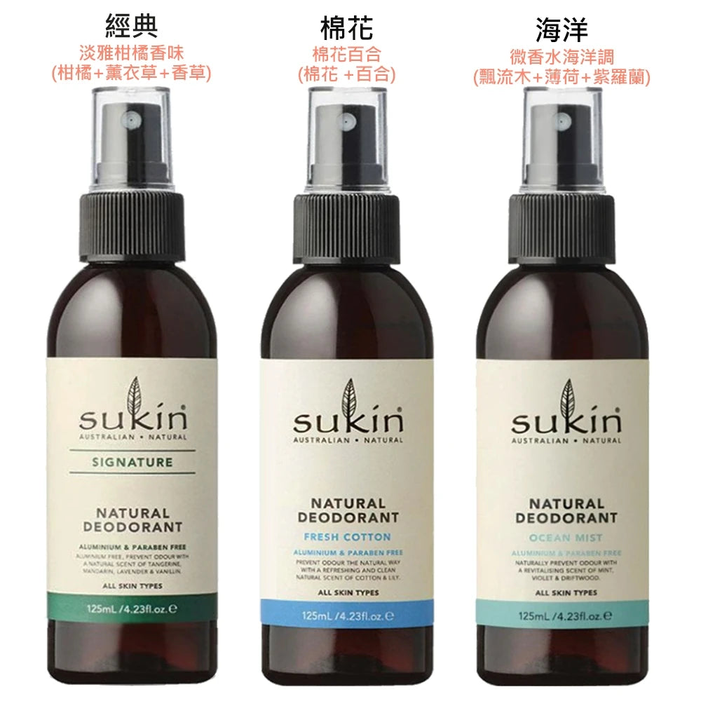 三款不同香型 Sukin 除臭喷雾并排对比图，上方带有中文香味说明文字。