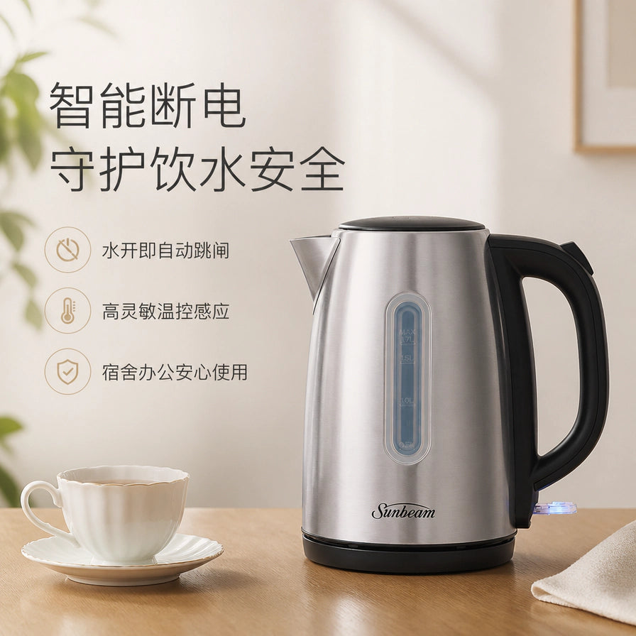 Sunbeam 电热水壶放置在木质桌面，旁边有一杯热茶，配有智能断电、守护饮水安全等中文功能介绍。