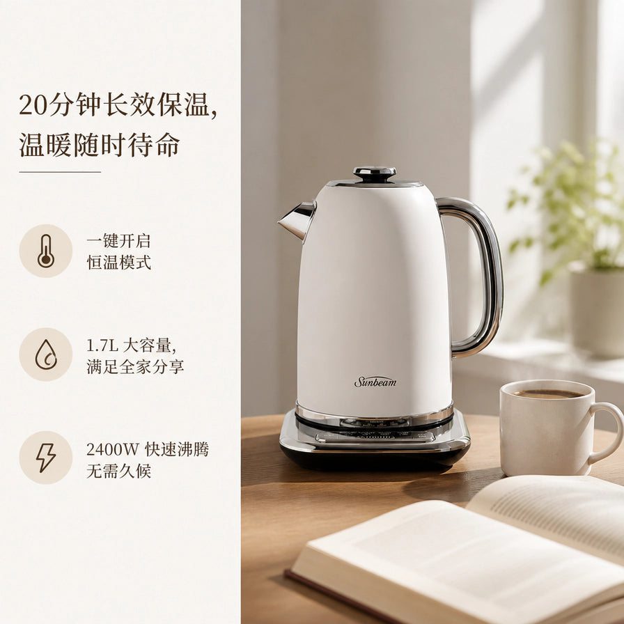 Sunbeam 电热水壶功能展示图，包含 20 分钟长效保温、1.7L 大容量及 2400W 快速沸腾的中文卖点说明。