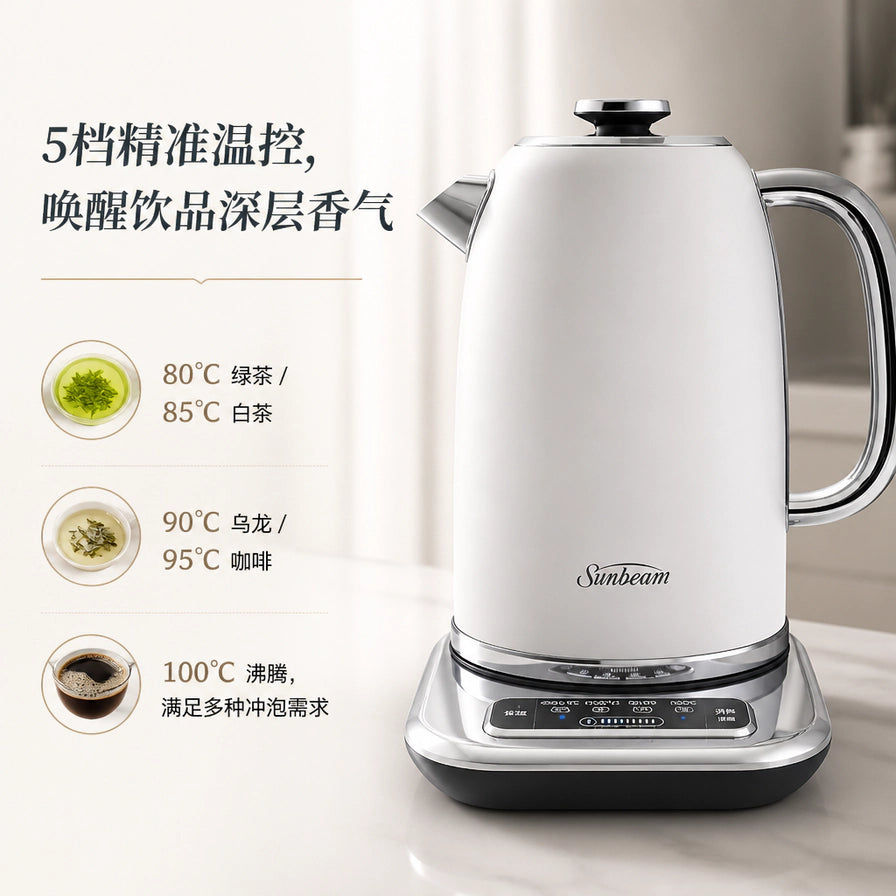 Sunbeam 电热水壶卖点图，左侧标注 5 档精准温控说明，包括绿茶 80°C、白茶 85°C、乌龙 90°C、咖啡 95°C 及 100°C 沸腾。