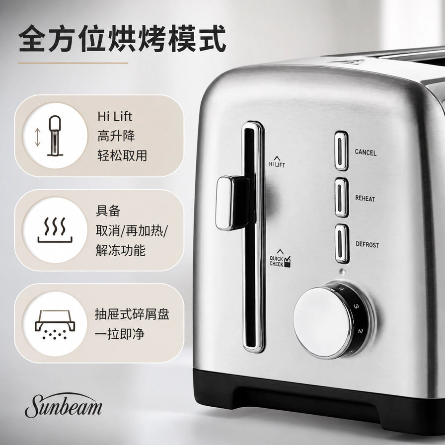 Sunbeam 烤面包机全方位烘烤模式介绍，包含高升降设计、取消/再加热/解冻功能及抽屉式碎屑盘。
