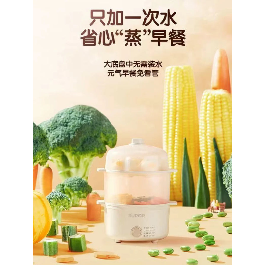苏泊尔蒸蛋器放置在摆满蔬菜的背景中，上方配有“只加一次水，省心蒸早餐”的宣传文字。