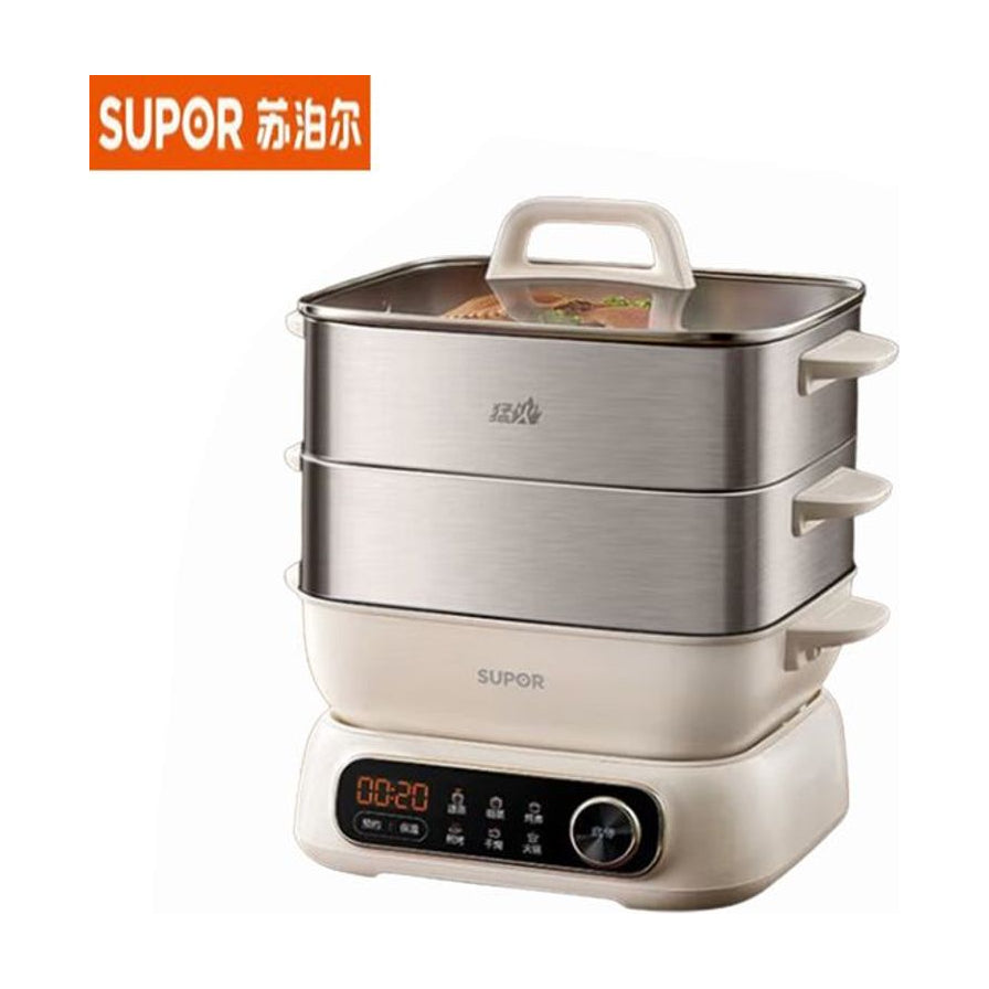苏泊尔电蒸锅斜侧方视图，左上角带有SUPOR苏泊尔品牌标识，展示三层大容量结构。