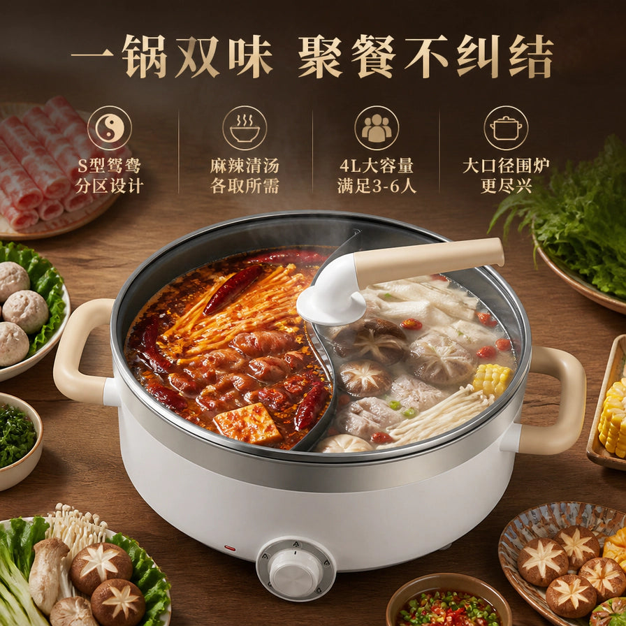 苏泊尔鸳鸯火锅正在烹饪的场景图，上方配有S型分区、4L大容量等中文卖点文字。