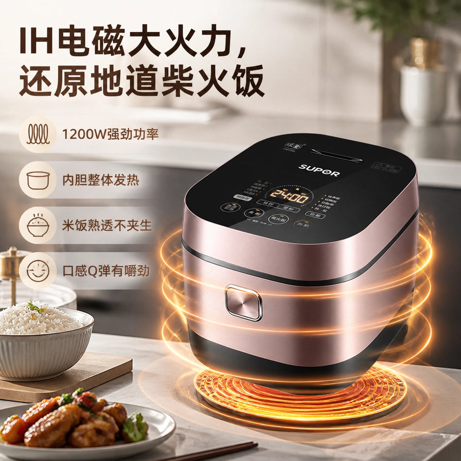 苏泊尔电饭煲在厨房环境中的卖点展示图，标注IH电磁大火力、1200W强劲功率及内胆整体发热等功能。
