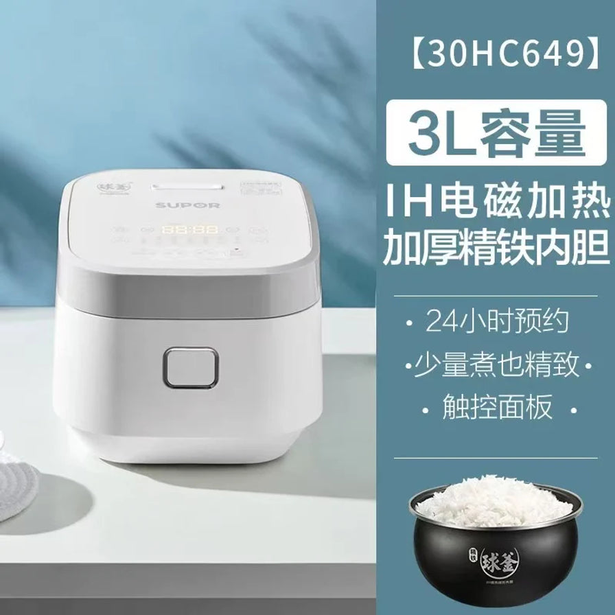 苏泊尔3L智能IH电饭煲在厨房台面上的展示，右侧带有30HC649型号、3L容量及IH电磁加热等中文卖点说明。