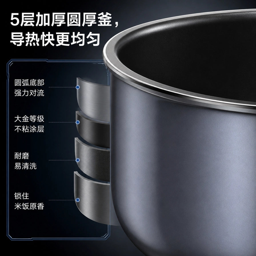 苏泊尔圆厚釜内胆特写，通过剖面图展示5层加厚材质、大金不粘涂层和耐磨层结构。