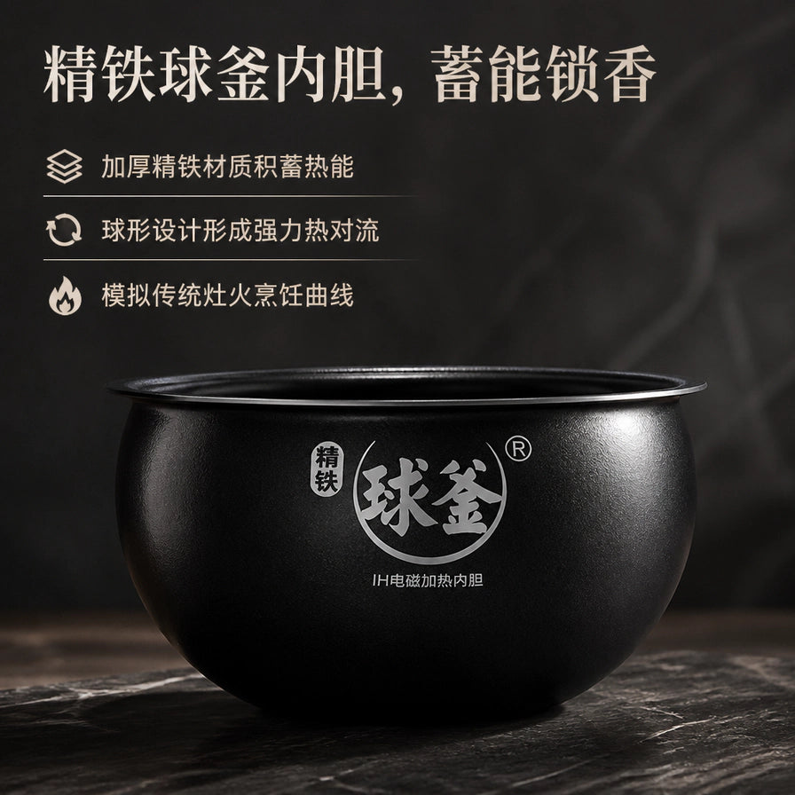 苏泊尔精铁球釜内胆特写，展示加厚材质积蓄热能及模拟传统灶火烹饪曲线的特点。