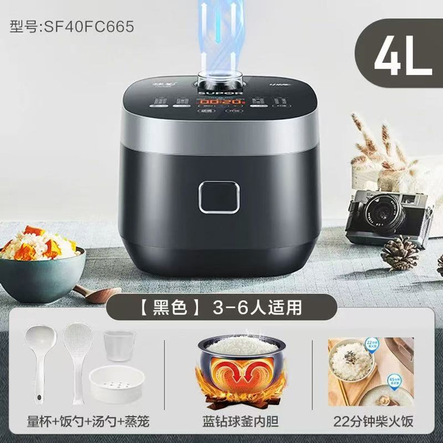 苏泊尔电饭煲正面图，标注型号SF40FC665及4L容量，下方展示量杯、饭勺、汤勺、蒸笼配件及22分钟快煮卖点。