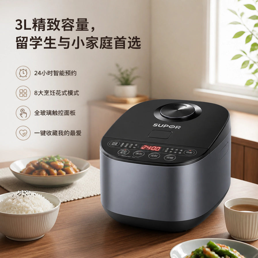 苏泊尔电饭煲放置在温馨厨房餐桌上，背景文字强调3L精致容量，适合留学生与小家庭使用。