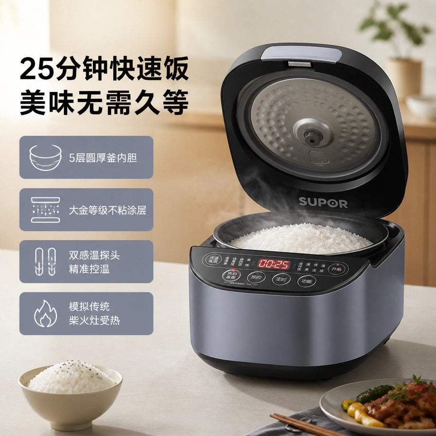 电饭煲开启状态，内胆盛满热气腾腾的白米饭，左侧标注5层圆厚釜内胆和双感温探头等技术卖点。