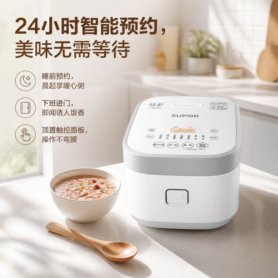 苏泊尔电饭煲在温馨厨房环境中的展示，配有24小时智能预约及顶置触控面板的中文说明。