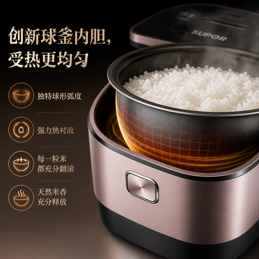 苏泊尔电饭煲球釜内胆细节图，展示球形弧度设计及内部盛满的饱满米饭，标注受热均匀卖点。