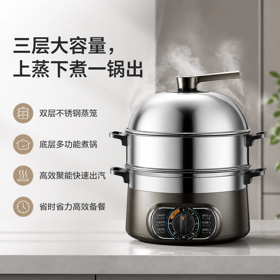 苏泊尔电蒸锅卖点图，带有中文说明：三层大容量，上蒸下煮一锅出，双层不锈钢蒸笼。