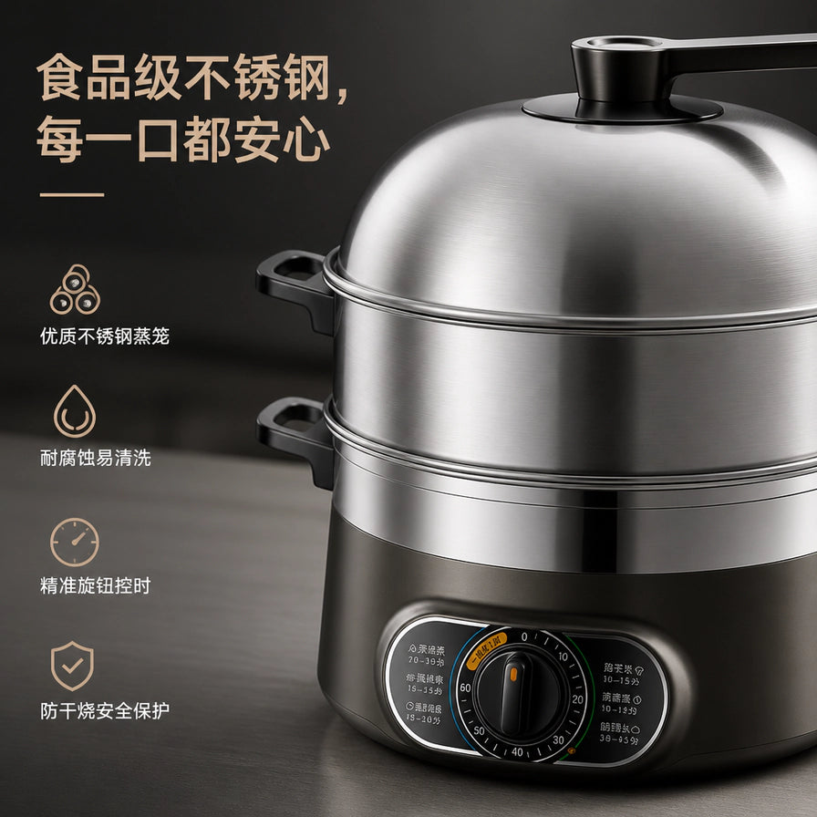 苏泊尔电蒸锅细节卖点图，带有中文说明：食品级不锈钢，耐腐蚀易清洗，精准旋钮控时。