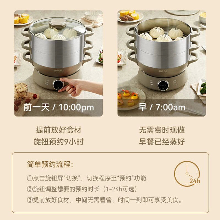 图解苏泊尔电蒸锅的智能预约功能，展示前一天晚上预约与第二天早晨蒸好包子的对比场景。