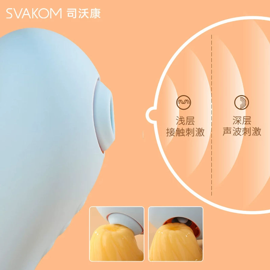 司沃康探探鲸功能细节图，展示浅层接触刺激与深层声波刺激对比，以及吸吮口工作示意图。