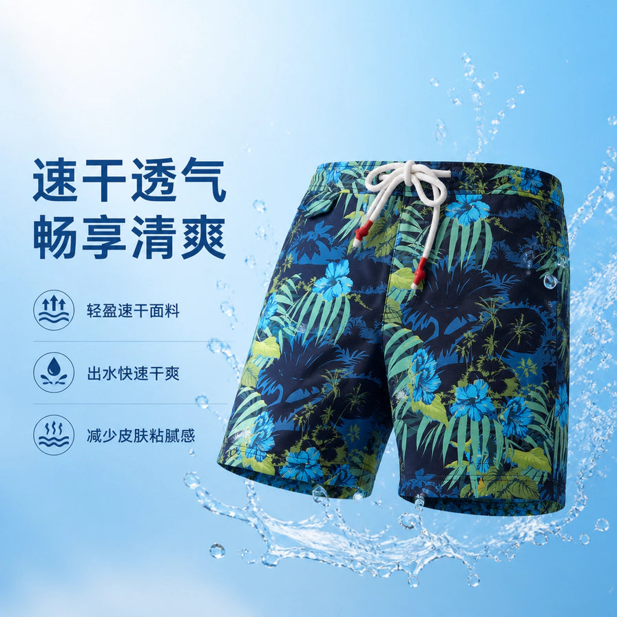 专业游泳裤在水花背景下的展示，左侧配有速干透气、轻盈面料、减少粘腻感的中文卖点说明。
