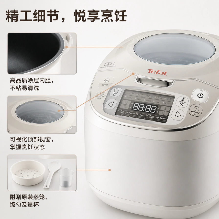 Tefal 电饭煲细节展示图，标注有高品质涂层内胆、可视化顶窗以及附赠的蒸笼、饭勺和量杯。