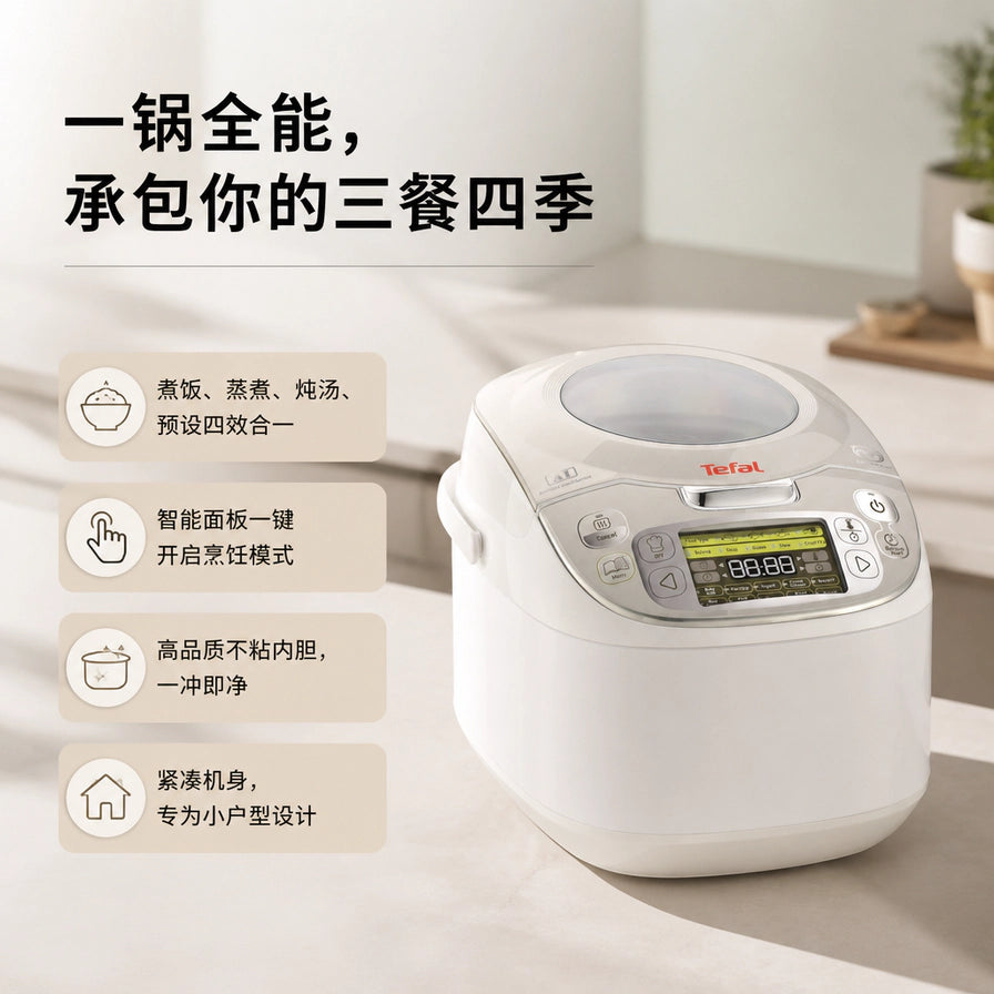Tefal 电饭煲卖点图，包含中文说明：一锅全能、智能面板、不粘内胆及紧凑机身设计。