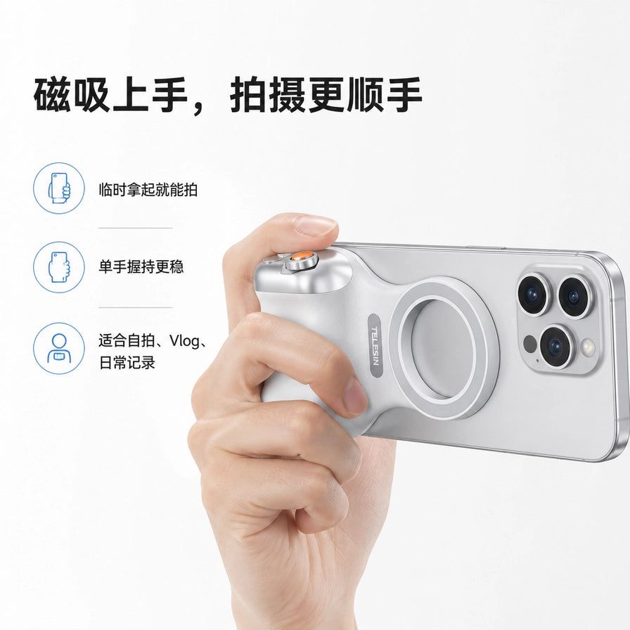 单手握持TELESIN磁吸摄影手柄的特写，背景带有磁吸上手、单手握持更稳等功能卖点文字说明。