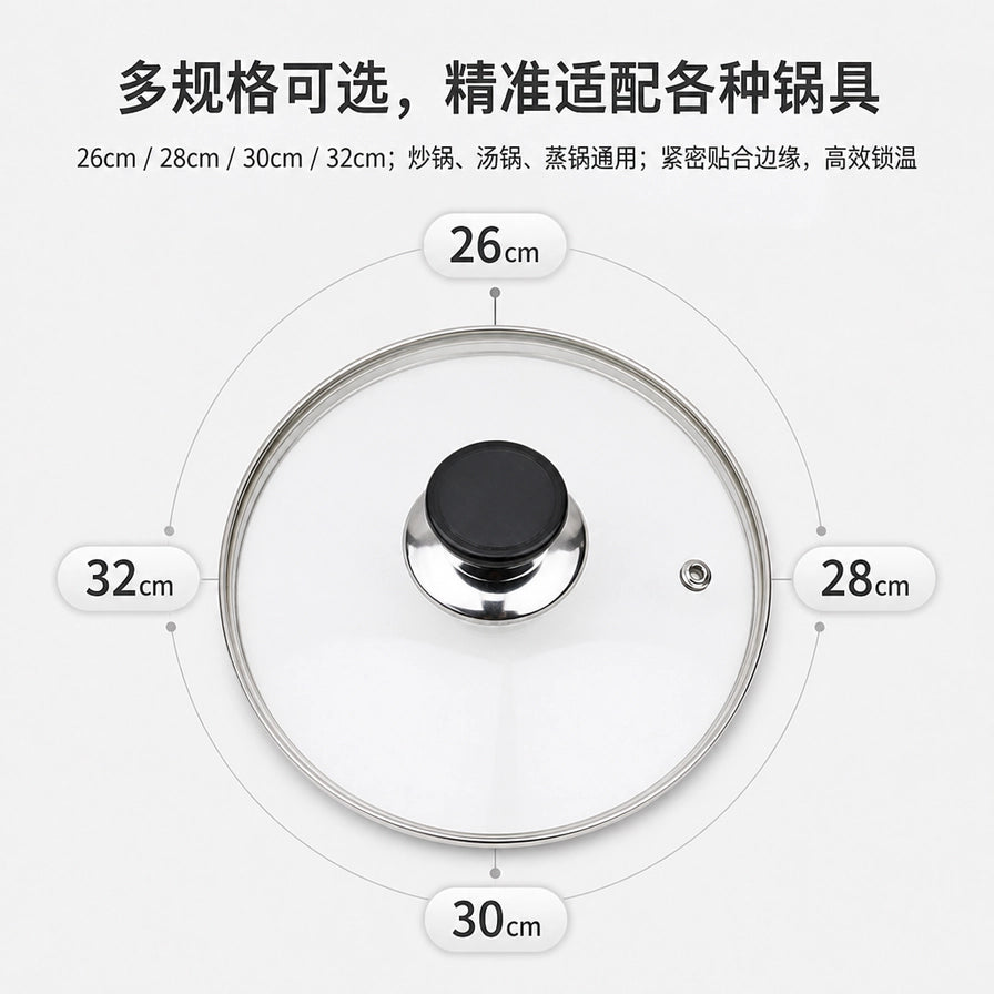 展示多规格可选的玻璃锅盖，图中标注了26cm、28cm、30cm和32cm四种尺寸适配说明。