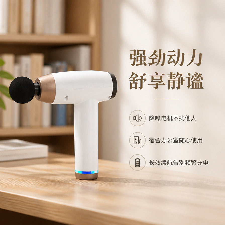 TEQ筋膜枪在室内桌面上的场景图，标注强劲动力、舒享静谧、降噪电机及长效续航等卖点，背景为书架。