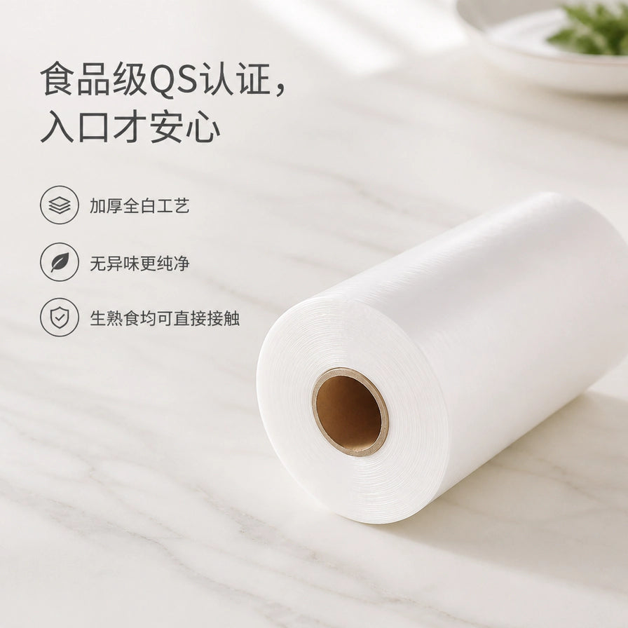 保鲜袋细节图，配有文字说明：食品级QS认证、加厚全白工艺、无异味、生熟食均可直接接触。