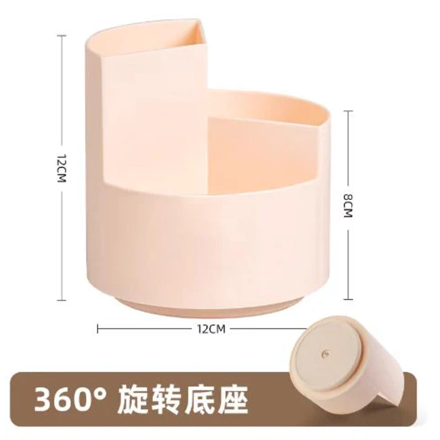 浅粉色三格旋转笔筒示意图，标注12CM、8CM和12CM尺寸，并展示360°旋转底座