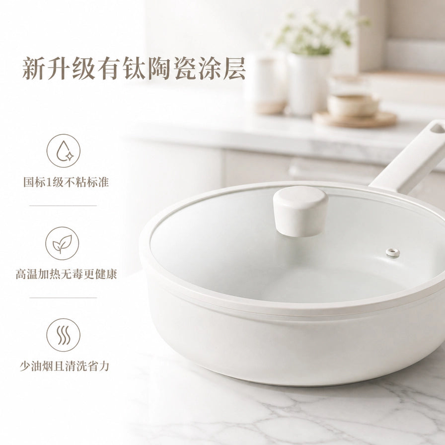 白色不粘锅侧面特写，左侧带有中文卖点文字：新升级有钛陶瓷涂层、国标1级不粘标准、高温加热无毒更健康、少油烟且清洗省力。
