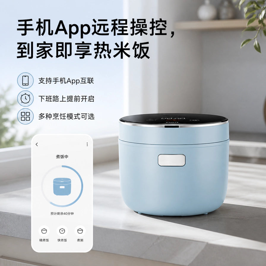 TOKIT 智能电饭煲在厨房台面的场景图，左侧展示手机 App 远程操控界面，配有手机 App 远程操控等中文卖点说明。