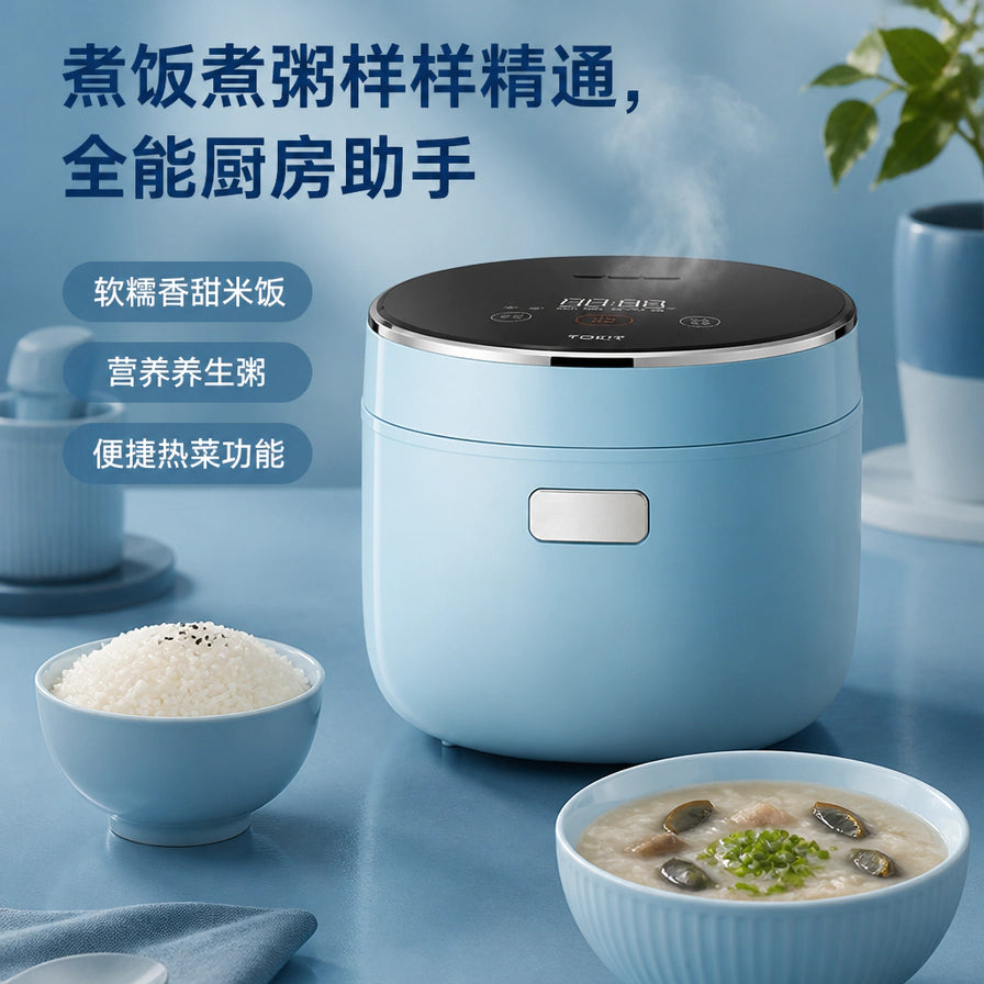 TOKIT 智能电饭煲展示煮饭和煮粥功能，前景为一碗米饭和一碗皮蛋瘦肉粥，配有全能厨房助手等中文卖点。