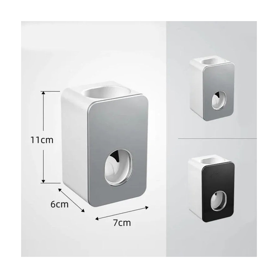 自动挤牙膏器的尺寸标注图，显示高度11cm，宽度7cm，深度6cm，并展示了灰色和黑色两种款式。