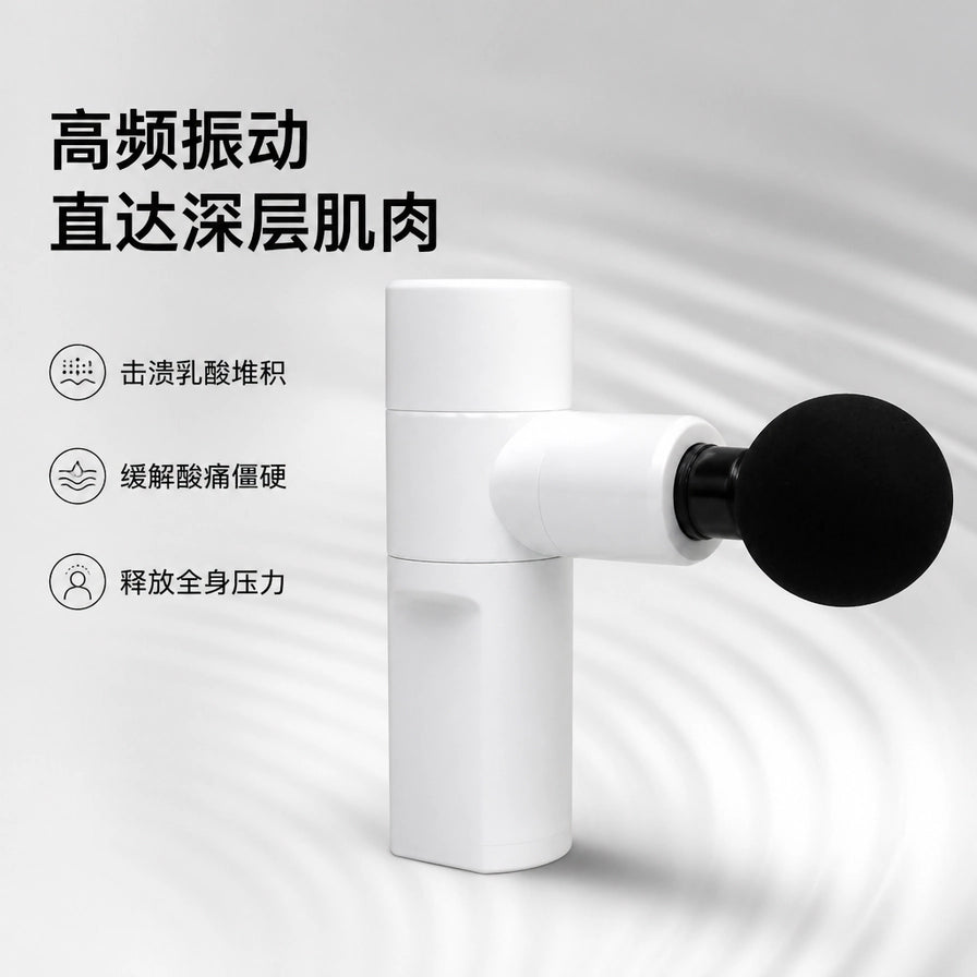 Top Gun 筋膜枪卖点图，展示高频振动直达深层肌肉，具有击溃乳酸、缓解酸痛、释放压力等功能说明。