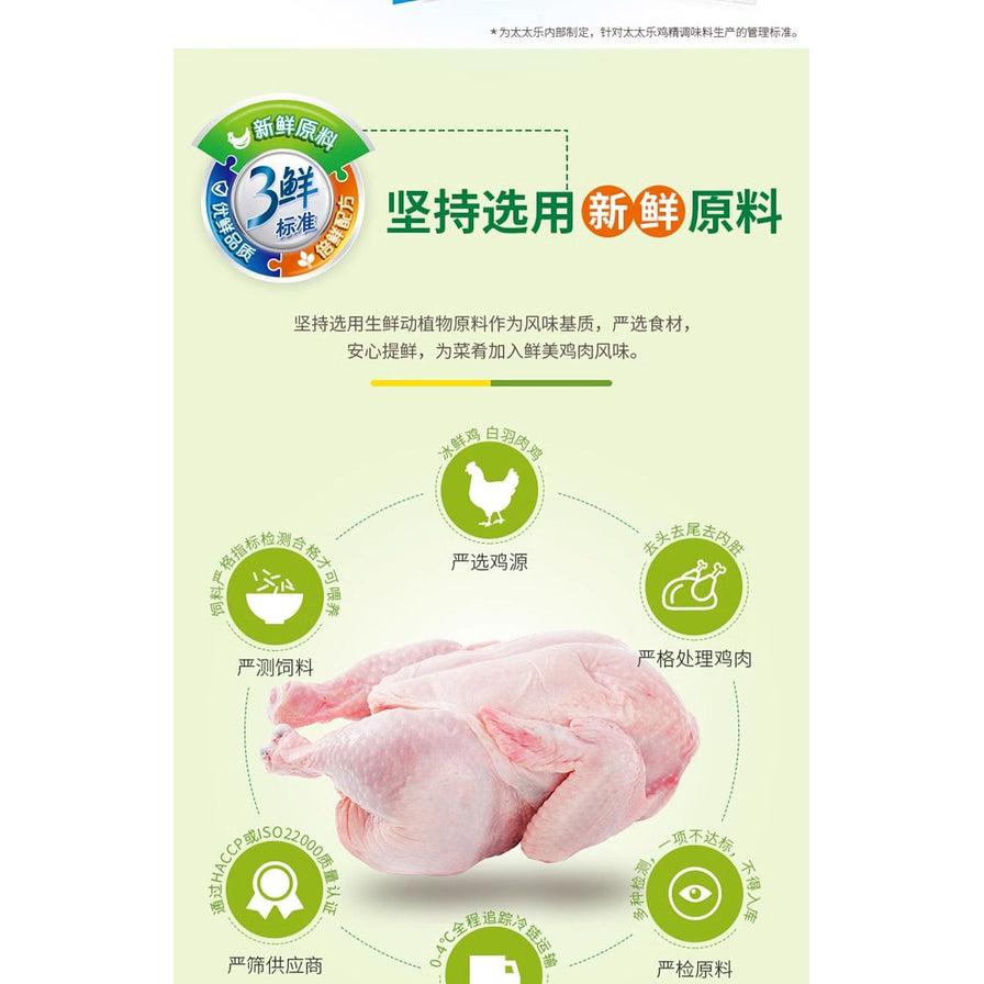 太太乐三鲜鸡精原料说明海报，展示严选鸡源、处理鸡肉、严测饲料等生产质量监控流程。